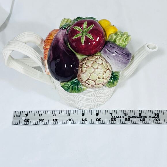 Vintage Fitz & Floyd Vegetable Garden Teapot Basket Weave 1995 in Original Box - Picture 11 of 12